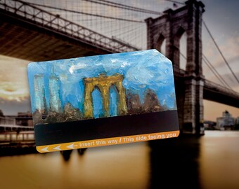 Skyline vintage view from Brooklyn - Art Oil Painting NYC Brooklyn Bridge on Metro Subway Card - "Brooklyn Bridge No. 20"