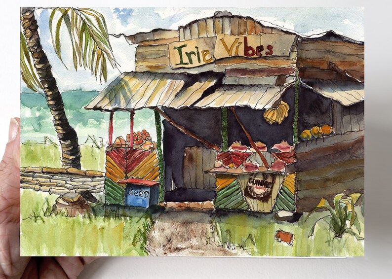 May include: A watercolor painting of a small, wooden shop with a sign that reads "Irie Vibes". The shop is located on a beach and has a variety of fruits and vegetables for sale. There is a palm tree in the background.
