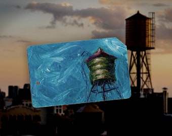 Skyline characters - Art Original Oil Painting New York City Water Tower on NYC Metro Subway Card - "Water Tower  No. 45 "