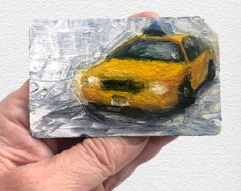 NYC Taxi No. 26  - Original art New York City Oil Painting on Recycled NYC Metro Subway Card