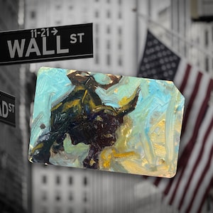 Je me sens optimiste ! Peinture à l'huile originale de la ville de New York sur une carte de métro de New York - « Wall Street Bull No. 9 »