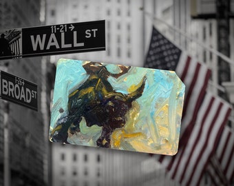 I'm feeling bullish! Original art New York City Oil Painting on NYC Metro Subway Card - "Wall Street Bull No. 9"
