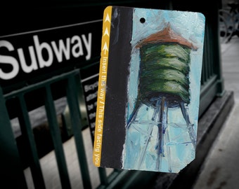 ¡El ícono se encuentra con el ícono! Arte Pintura al óleo original Torre de agua de la ciudad de Nueva York en la tarjeta del metro de Nueva York - "Torre de agua No. 20"