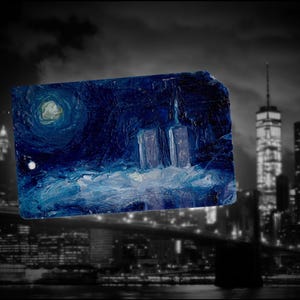 World Trade Center No. 8 -  Art Original Oil Painting NYC World Trade Center Towers on New York City Metro Recycled Subway Card
