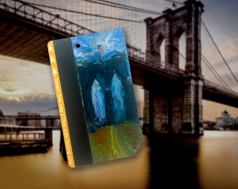 Iconic gateway to Brooklyn - Art Oil Painting New York City Brooklyn Bridge on NYC Metro Subway Card - "Brooklyn Bridge No 16 "