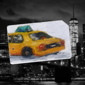 NYC Taxi No. 28  - Original art New York City Oil Painting on Recycled NYC Metro Subway Card
