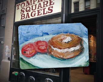 Your ticket to an iconic NYC breakfast  - Art Oil Painting Bagel with Lox and Cream Cheese on NYC Metro Subway Card - "Bagel  No. 23 "