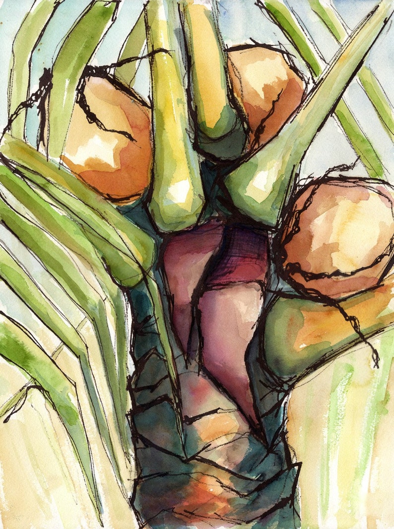 Art Painting Watercolor Jamaica Tropical Coconut Palm Tree Caribbean Print Paradise Palm No. 2 image 2