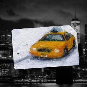 Hard to hail a winter taxi -  I took the train. Original art New York City Oil Painting on NYC Metro Subway Card &quot;NYC Taxi No. 26&quot;