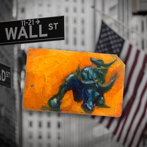 Vous vous sentez optimiste ? Peinture à l'huile originale de la ville de New York sur une carte de métro de New York - Wall Street Bull n° 6