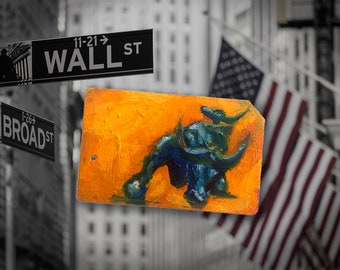 Are you feeling bullish?  Original art New York City Oil Painting on NYC Metro Subway Card - Wall Street Bull No. 6