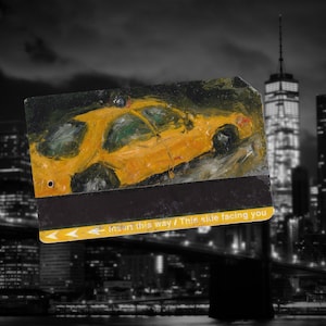 Hail up that taxi! - Original art New York City Oil Painting on NYC Metro Subway Card &quot;NYC Taxi No. 30&quot;