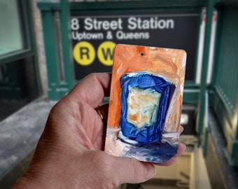 We Are Happy to  Serve You! Art Oil Painting New York City Coffee Cup on  NYC Metro Subway Card - "NYC Coffee Cup No. 7 "