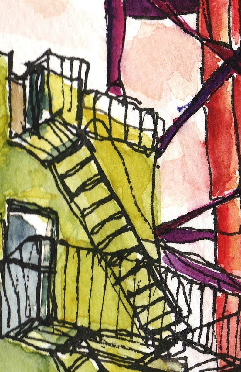 Art Painting Watercolor NYC Water Tower Fire Escape Rooftop Skyline ...