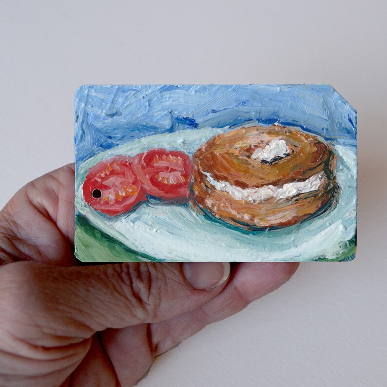 Art Oil Painting New York City Bagel with Lox and Cream Cheese on Recycled NYC Subway Card