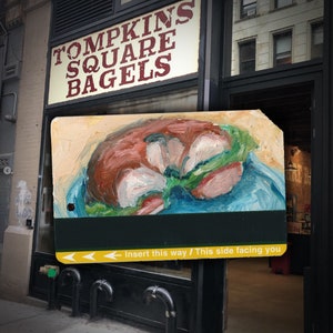 Melhor café da manhã de Nova York! Arte Pintura a Óleo Bagel Lox e Cream Cheese Reciclado Cartão do Metrô de Nova York - Bagel No.