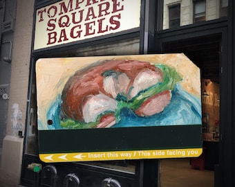 ¡El mejor desayuno de Nueva York! Arte Pintura al óleo Bagel Lox y queso crema Tarjeta de metro reciclada del metro de Nueva York - Bagel No. 19