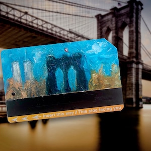 Vista vecchia scuola da Brooklyn al centro di Manhattan - Dipinto ad olio su carta della metropolitana di New York - Ponte di Brooklyn n. 19