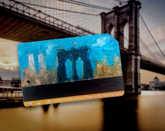 Old school view from Brooklyn to downtown Manhattan - Art Oil Painting on NYC Metro Subway Card - Brooklyn Bridge No 19