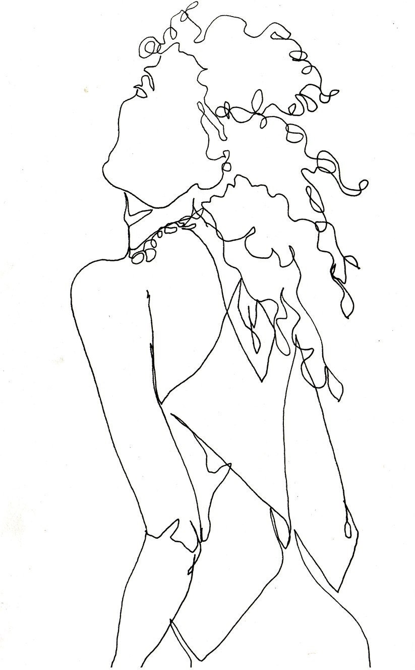 Art Pen and Ink Drawing Fashion Woman With Curly Hair Glamorous PRINT