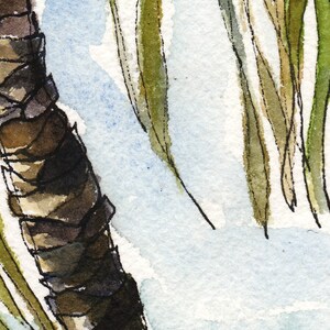May include: A close-up of a palm tree trunk with brown and green bark. The leaves are green and brown and are partially visible in the background.
