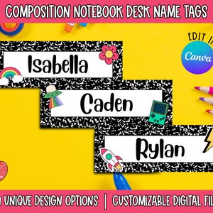 Kleurrijke naamborden bureau, samenstelling notitieboekje schoollabels, aanpasbare gepersonaliseerde Cubby Tags, bewerkbaar klasdecor voor leraren