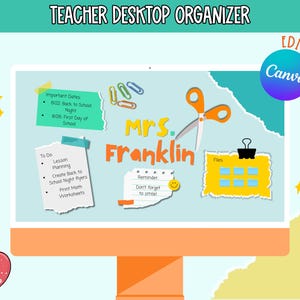 Papier peint organisateur de bureau, modèle de fond d'ordinateur enseignant personnalisé coloré pour la rentrée, décoration de la salle de classe nom personnalisé téléchargement