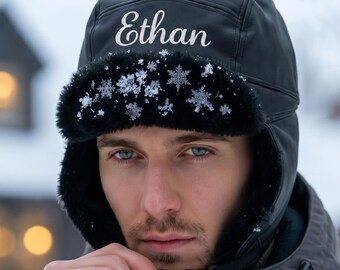 Personalized Embroidered Trapper Hat, Waterproof PU Leather Earflap Aviator Winter Hat, Christmas Gift for Dad, Custom Husband Gift