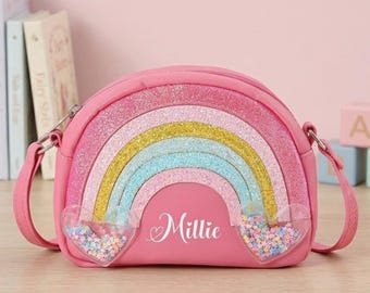 Personalized Kids Crossbody Bag, Custom Name Rainbow Purse, Glitter Shaker Heart Toddler Purse, Back to School Gift, Birthday Gift