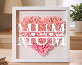 Custom Rose Heart Shadow Box, Personalised Kids Names Hand Holding Frame,Family Name Keepsake,Nanny Gift,Mother’s Day Gift for Mum