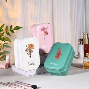 Personalisierte Geburt Blume Pu Leder Schmuck Box.Jewelry Box mit Spiegel.Custom Name Schmuck Box.Bridal Shower Gift。Gift für Mom / sie