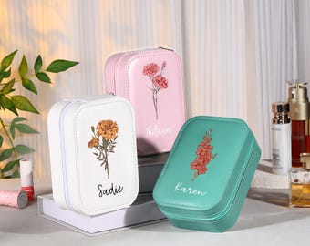 Personalized Birth Flower Pu Leather Jewelry Box.jewelry Box with Mirror.Custom Name Jewellery  Box.Bridal Shower Gift。Gift for Mom/her