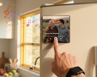 May include: A square, digital music player displaying a photo of a father and son with the text "Father and Daughter" and "Paul Simon." A finger presses the play button. Colorful musical notes emanate from the device.