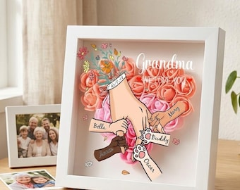 Mom Personalized Flower Shadow Box, Custom Rose Heart Shadow Box, Hand Holding Frame with Kids Names, Gift for Mom/Grandma, Family Name Gift