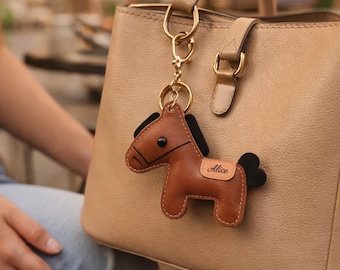 Personalized Horse Keychain, Custom Name Bag Charm, Cute Animal Keychain for Backpack, Kids Gift, PU Leather Key Ring, Gift for Her