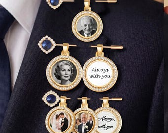Custom Photo Wedding Lapel Pin | Memorial Boutonniere Pin | Something Blue Wedding Gift for Groom | Silver Gold Photo Charm Keepsake