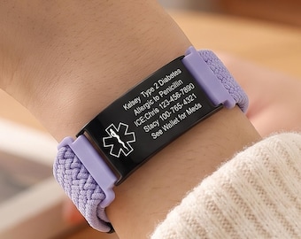 Personalized Medical ID Bracelet, Unisex Medical Alert Bracelet, Engraved Bar, Adjustable Nylon Wristband, Epilepsy Autism Diabetes Allergy