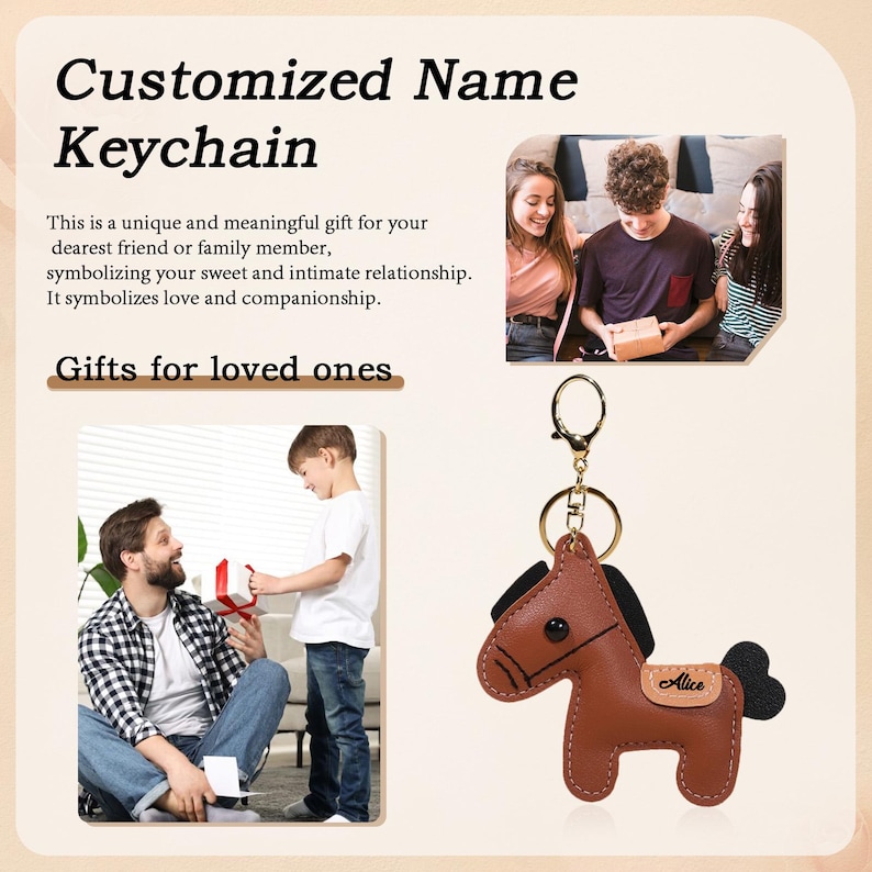 May include: A brown leather horse-shaped keychain with the name "Alice" on a small tag. The keychain has a gold-colored ring and clasp. The image also includes text that reads "Customized Name Keychain" and "Gifts for loved ones."