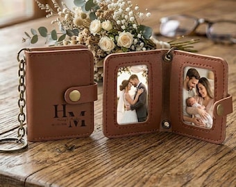 Personalized PU Leather Mini Photo Album Keychain, Custom 2 Photo Keyring, Drive Safe Gift for Dad,Anniversary Gift for Husband