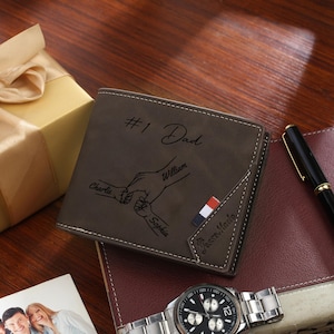 Cartera de cuero personalizada para hombre para el Día del Padre. Cartera para papá y sus hijos tomados de la mano. Cartera con foto personalizada. Regalos para el Día del Padre. Cartera para papá.