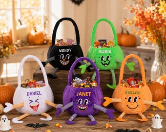 Personalized Plush Halloween cute Candy Bag with Arms and Legs , Custom Name Treat Bag, Embroidered Kids Name Tote,Halloween gifts for kids