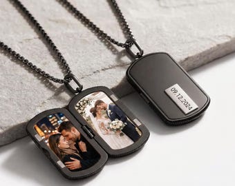 Personalized Men's Photo Locket Necklace,Custom 2 Photo Pendant with Text, Gift for Husband, Boyfriend, Dad, Anniversary gift for Him