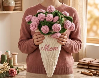 Crochet Rose Bouquet Blanket, Personalized Name Flower Blanket, Handmade Romantic Gift for Mom,Mother's Day gift,Gift from Daughter