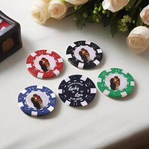 Ensemble de jetons de poker de mariage personnalisés, impression photo couleur personnalisée, souvenir de fiançailles, jetons de boisson, cadeau d&#39;accessoires de casino de Vegas