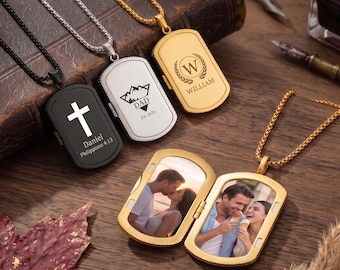 Personalized Men's Photo Locket Necklace,Custom 2 Photo Pendant with Text, Gift for Husband,Dad, Memorial Keepsake,Anniversary Gift