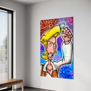May include: A vibrant graffiti-style artwork featuring a cartoon character from "Monkey Island" holding a large diamond. The character has blonde hair and is wearing a white shirt with brown accents. The background is a mix of colors with graffiti text.