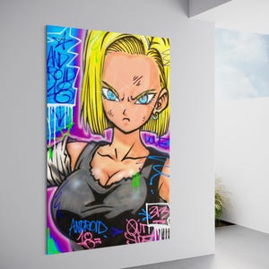 May include: A vibrant pop art style canvas print featuring a female anime character with blonde hair and blue eyes. The artwork includes graffiti-style text and colorful accents, with the words "Android 18" visible.