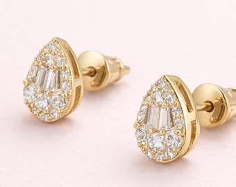 Sterling Silver 18k Plated Gold Pear CC Diamond Stud Earrings