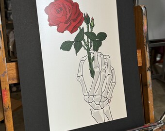 Take this Rose- Skeleton hand illustration 16"x20" Matted - Multiple Options
