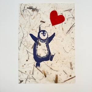 Chasing Love- Penguin with heart balloon linoleum print